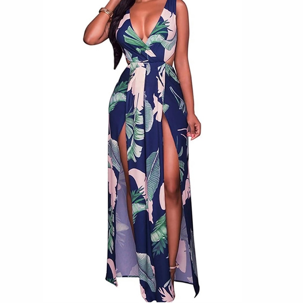 Sexy Sleeveless V-Neck Split Long Beach Dress Floral Print Bodycon Maxi Dress